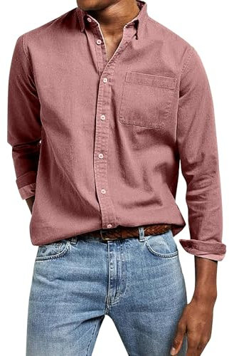 Chemise à manches longues pour homme - Style rétro - Couleur unie - Coton - Basique - Pour l'extérieur - Coupe droite - Chemise de travail légère - Chemise de loisirs - Pour la plage, Rose, XL