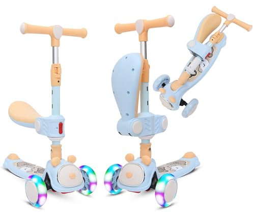 Habib Gruppe Kinderroller Tretroller - 3-in-1 Faltbarer Scooter mit Sitz, LED Rädern, Verstellbar & Leicht (1-12 Jahre) - Sicher & Robust - Blau