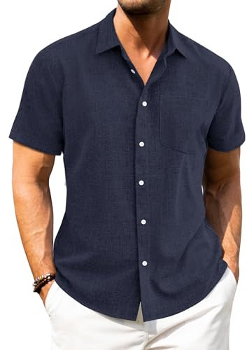 J.VER Summer Shirts for Men Linen Short Sleeve Navy Blue Regular Fit Casual Button Down Beach Holiday Shirt Adult 2XL
