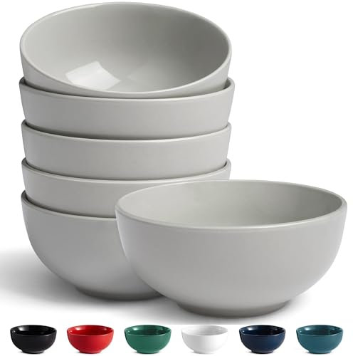 KooK Ceramic Cereal Bowls, Microwave, Dishwasher and Freezer Safe, Porcelain Dishes for Soup, Pasta, Salad, Oatmeal, Deep Interior, 20 oz, Set of 6 (Powder Grey)