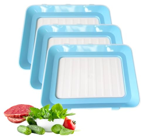 HERKINDNESS Fresh Storage Trays, 3 PCS Blue Stackable Silicone Food Storage Trays, Reusable, for Storing Sausages, Beef, Vegetables