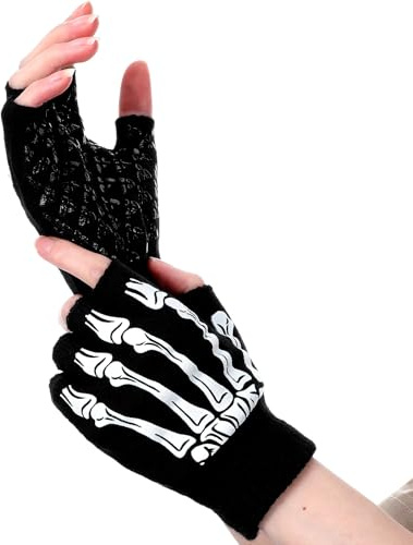 APLZGMG Halloween Skelett Handschuhe, Anti-Rutsch Fingerlose Knochen Handschuhen, Halbfinger Handschuhe Skelett, Gestrickte Skeleton Gloves, Kostüm Zubehör für Halloween, Karneval, Cosplay
