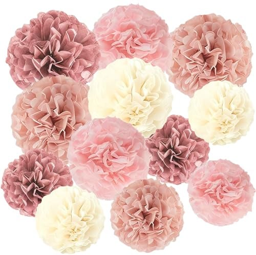 Logei 12 Stück Pompons Deko Rosa Roségold Seidenpapier Pompons ，Party Deko Gartenparty Geburtstag Hängende Papier Pom Poms Party Dekorationen für Hochzeit Deko Tischdeko Geburtstagsdeko (Rosa)