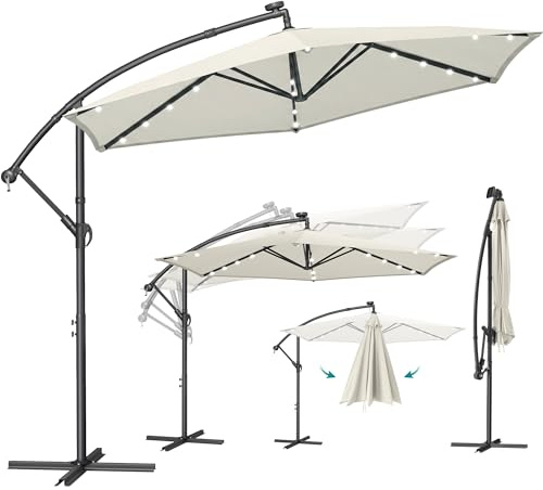 SONGMICS Ombrellone da Balcone con Illuminazione LED Solare, a Braccio 350 cm di Diametro, 32 Luci LED, con Base, Parasole UPF 50+, con Manovella, per Terrazza, Giardino, Beige GPU119LZ01