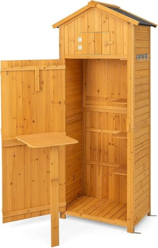 RELAX4LIFE Gerätehaus Holz, Gartenschrank mit Satteldach, Geräteschrank mit 8 Haken & 3 Regalen & Faltbarem Tisch & Oberem Fach, Werkzeugschrank für Außenbereich, Gartenhaus Wetterfest, 75x50x180,5 cm