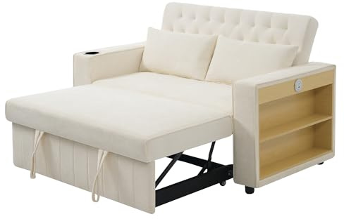 HAINEW Schlafsofa mit Schlaffunktion und Verstellbare Rückenlehne, 2-Sitzer Klappbares Sofa Couch mit Getränkehalter und Seitliche Ablage für Wohnzimmer Schlafzimmer, Chenille-Stoff (Beige)