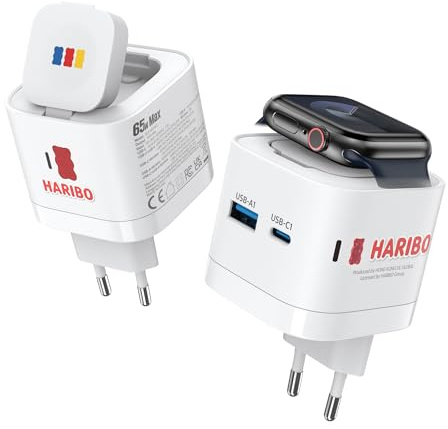 HARIBO 65W USB C Ladegerät mit Apple Watch Wireless Charger | PD PPS 65W Schnellladegerät für Apple Watch 11/10/9/8/7/Ultra/SE, 3-in-1 für MacBook/iPad/iPhone 17/16 Pro Max, Rot