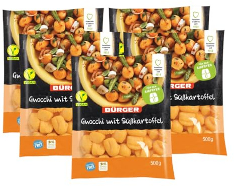 BÜRGER Gnocchi mit Süßkartoffel, 500 g – Kochfest & Airfryer-geeignet, vegane Kartoffelklößchen als schnelle Beilage, 5 Beutel á 500 g