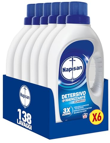 Napisan Detersivo Lavatrice Liquido, Detersivo Igienizzante, Classico 3x azione, Lavaggi, Nessun Colore, 1.15 l, Senza Profumazione. da 23 lavaggi (Confezione da 6)
