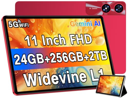 UJJ 11 Inch Android Tablet 14 Tablets, 24GB+256GB+1TB Expand, Android Tablet with 8000mAh, Octa-Core, 13MP+5MP, IPS Touchscreen, 5G WiFi, BT5.0, Widevine L1, GPS, Red Metal