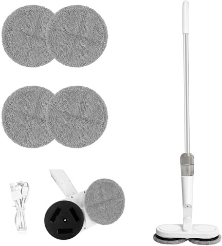 Electric Mop Cordless & Rechargeable, Dual Spin Floor Mop with 2.0 Ah Battery, Water Tank, 4 Reusable Pads, Floor Scrubber, Complete Hard Floors Cleaning Solution, Loosen & Lift Dirt with Polishing