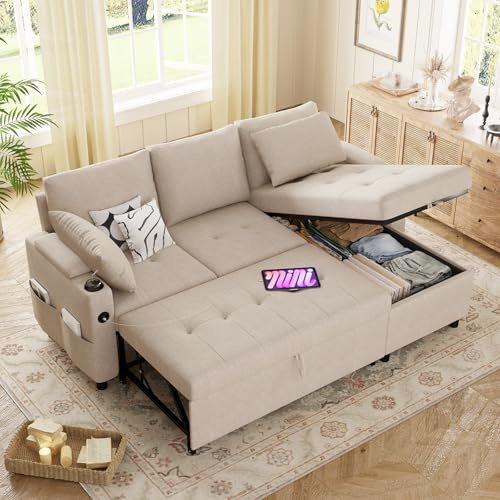 YODOLLA Corner Sofa Bed with Storage, L Shape Sofa Bed, Reversible Beige | 188cm Quick-Convert Sofa Bed with Reversible Chaise, USB-C Port & Cup Holders,Hidden Storage, Side Pockets
