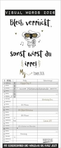 My Timer Visual Words 2026: Planer mit 2 breiten Spalten. Typo-Art Familienkalender mit Ferienterminen, Vorschau bis März 2027 und vielem mehr.