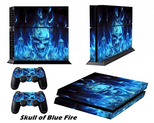 DOTBUY PS4 Skin Aufkleber Sticker Design Folie schützende Haut Schale für Sony Playstation 4 Konsole und 2 Dualshock Controller (Blue Fire Skull)