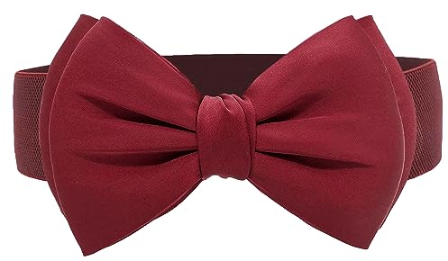 TeeYee Damen Mädchen Gürtel Klassische Retro Schleife Elastische Tailleband Breiter Waist Belt (Wine)