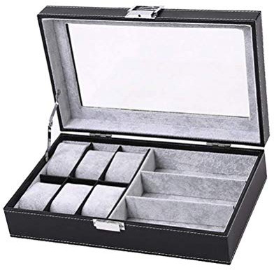 Naturer Schwarz Uhrenbox Herren Leder 6 Große uhren Reise Uhrenkasten Brillenbox Uhrenkoffer Aufbewahrung Uhren Aufbewahrungsbox Uhrenschatulle Abschließbar mit Glasfenster