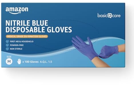 Amazon Basic Care Gants nitrile jetables bleus, Non poudrés, Taille M, 100 unités (Auparavant marque Hevea)
