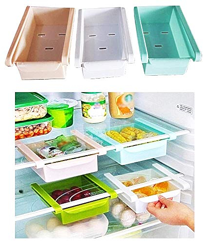 Fridge Organiser - Fridge Drawer - Space Saving - zer - Attaches to Fridge Shelves - White Light Pink Blue - Pack of 3 - Original Gift Idea
