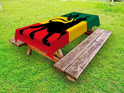 ABAKUHAUS Rasta Nappe Extérieure, Judah Lion Reggae Drapeau, Nappe de Table de Pique-Nique Lavable et Décorative, 145 cm x 265 cm, Jaune Noir