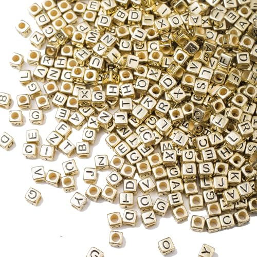 ToBeIT 1000Pcs Gold Acrylic Cube Letter Beads for Jewelry Making, Bracelets, Necklaces