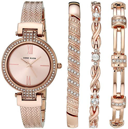 Anne Klein - Set con orologio da donna a bracciale rigido impreziosito da cristalli di alta qualità e bracciale, Oro Rosa