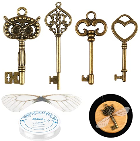 SANNIX 30 Pièces Clés Squelette en Bronze Clés Vintage Decoration Volantes Charmes avec Ailes de Libellule de Fil Perlé,Breloques Antique Bricolage pour DIY Pendentifs Colliers Clés Artisanales