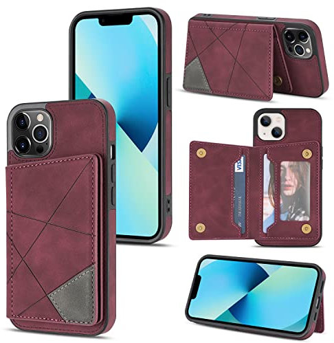 UEEBAI Wallet Case for iPhone 13 Pro 6.1 inch, Slim PU Leather Case with Card Holders Kickstand Double Magnetic Clasp Durable Skin feel Shockproof Flip Folio Cover - Red Wine