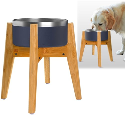 Adjustable Dog Bowl Stand - Raised, Elevated Food Bowl Holder - Width (Extendable 7-10 Inches) - Natural Bamboo