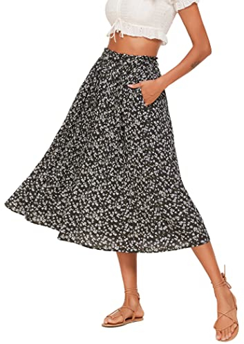 Parabler Rock Damen Elegant Röcke Hohe Taille Plisseerock Sommer Midirock Mit Taschen Casual Freizeitrock Hochzeit Cocktail Skirt Weiße Blume M