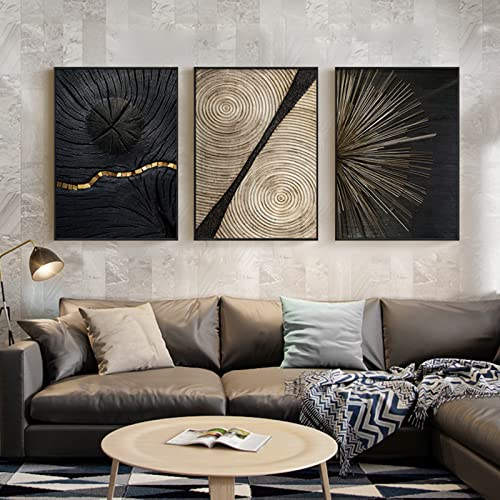 HEHGVCF 3 teilige Leinwand Linientextur Poster Gold, Schwarz Weiß Gold Jahresringe mit Bilder Set,Abstrakt Jahresring Linien Leinwand Bilder,Wandkuns (A++B+C, 40 x 60 cm)