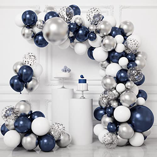 Luftballon Girlande Dunkel Blau, 104pcs Blau Weiß Silber Luftballons und Silber Konfetti Ballons, Luftballons Geburtstag für Hochzeit, Babyparty, Baby Shower Party Deko