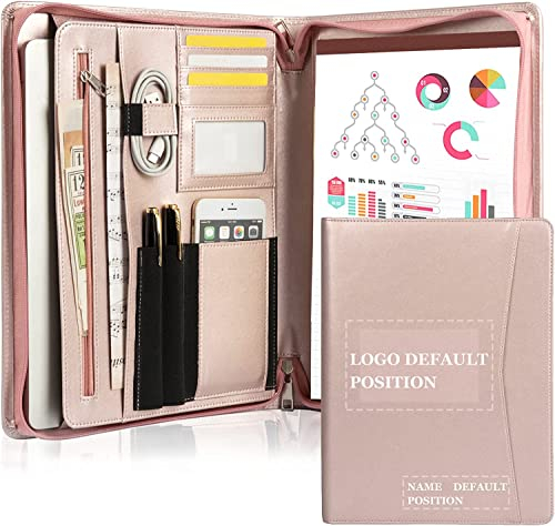 FREI NAME GRAVUR, Personalisierte Konferenzmappe, a4 Ordner Rosa, Veganes Leder Aktenmappe mit Reissverschluss, Schreibmappe Klemmbrettmappe Portfolio für Damen, Customized | Rosegold