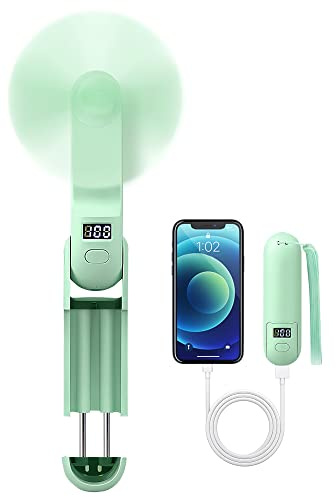 Hand Fan Rechargeable,Folding Hand Held Fan USB Battery Operated with Power Bank,Personal Electric Handheld Fan, LCD Display 3 IN 1 Hand Fan,Portable Fan for Travel,Kids-Green