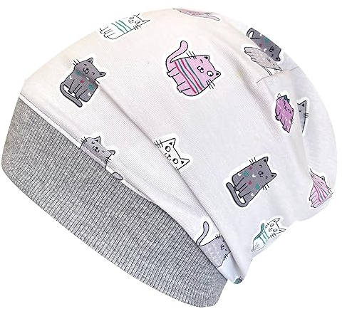 Wollhuhn ÖKO Leichte Mädchen/Jungen Beanie-Mütze Bündchen Elastisch Übergangszeit/Sommer Kinder-Mütze Baumwolle (Öko-Stoffe, Bio) 22222235 (Katzen Grau/Flieder, S)