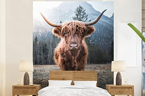 Selbstklebend Tapete Wandpapier Wandaufkleber Fototapete Tapeten Wanddeko 195x240 cm Schottischer Hochländer - Kuh - Tiere - Berg - Natur