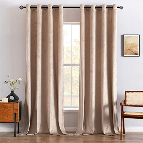 MIULEE Velvet Curtains with Gold Foil Leaves Pattern, 2 Beige Velvet Curtains with Eyelets, Each 55 x 110 Inch, Room Darkening Drapes for Classical Living Room Bedroom