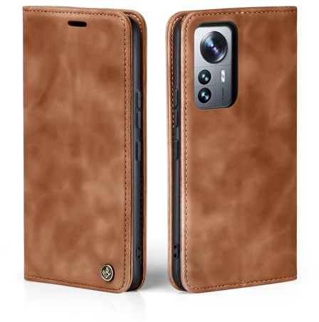 LBH Handyhülle für Xiaomi 12 Pro in Hellbraun mit Karten- und Geldfach Smartphone Hülle mit Standfunktion Flip Case Schutzhülle Magnetverschluss Vintage