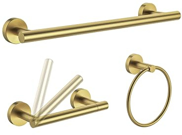 RARXTR 3pc Bathroom Hardware Set with Brushed Brass Toilet Paper Holder & Towel Ring & Towel Bar SUS304 Stainless Steel Toilet Paper Roll Holder Wall Mount & Bathroom Towel Holder & Towel Rack Set