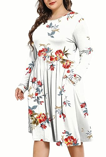 POSESHE Damen Plus Size Kleider Lange Ärmel Rundhalsausschnitt Freizeitkleider Empire-Taille Lose Flowy Kleid mit Taschen, Rosenweiß, XXX-Large Mehr