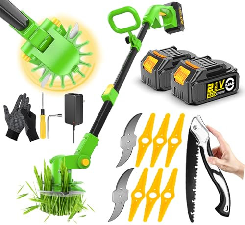 21V Strimmer Cordless Grass Trimmer Garden Strimmer Electric Battery Powered with 2×2.5Ah Battery & Fast Charger, 3 Kinds Spare Blades Brush Cutter for Garden Lawn Weeds Clearing
