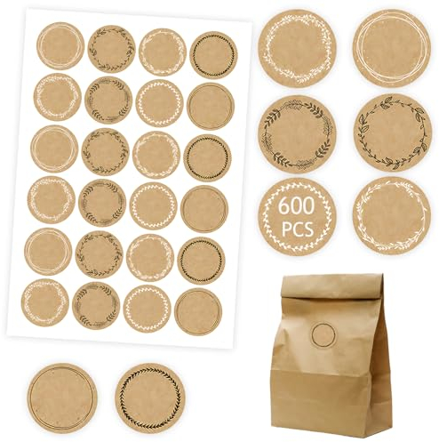 600 Stück Geschenkaufkleber, 3.8cm Kraftpaier Etiketten, Rund Aufkleber, Selbstklebend Beschriften, Geschenksticker für Weihnachten,Geburtstag Party,Geschenkverpackungen