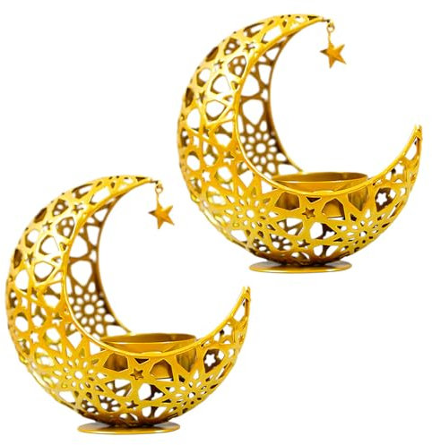 HIULLEN 2 Stück Teelichthalter Mondform Gold, Moon Kerzenständer Metall, Orientalische Ramadan Dekoration Set, Vintage Deko Kerzenhalter Kerzengläser Tischdeko für Ramadan Wohnzimmer Schlafzimme
