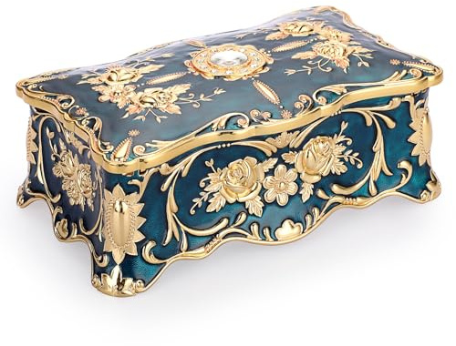 Hipiwe Vintage-Schmuckschatulle mit 2 Ebenen, wunderschöne Schmuckaufbewahrungsbox, Größe XL, Metall, dekorative Box für Ringe, Ohrringe, Armbänder, Uhren, süßes Geschenk für Damen und Mädchen, Blau