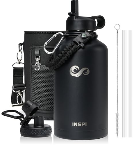 INSPI Insulated Water Bottle with Paracord Handle 64oz,Black