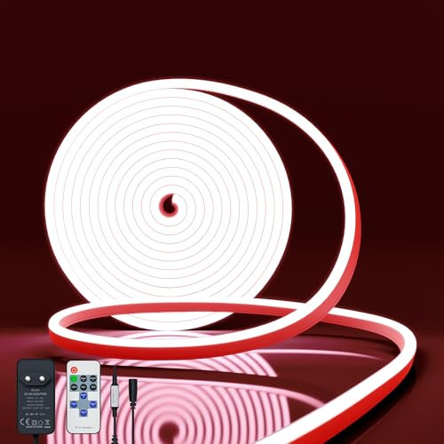 NELUX Neon LED Strip 5 Meter Rot Streifen Wasserdicht Lichtband Aussen Outdoor. LED Band Light Stripe Aussenbereich Außen Lichtleiste. Inklusive Fernbedienung Dimmbar und Netzteil 12V
