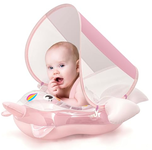 Flotador inflable de unicornio para bebé con toldo de 3-6-12 meses, flotador de piscina para bebé, anillo de flotador, asiento inflable para bebé con toldo de sombra para 6-12-18-36 meses, rosa