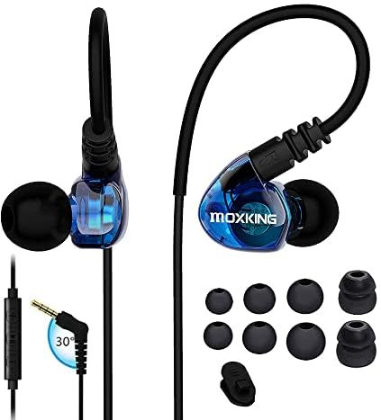 MOXKING Sport In-Ear-Kopfhörer Kabelgebundene In-Ear-Kopfhörer Geräuschisolierende wasserdichte Ohrstöpsel Verstärkter Bass Stereo-Kopfhörer für Laufen und Fitness mit Mikrofon und Fernbedienung(Blau)