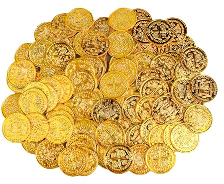 GroveEss 100 Pcs Fake Gold Coins, Plastic Treasure Coin Set, Hunt Game Coins Pretend Play Money Party Favor for Pirate Adventure Themed Event Birthday Party Props