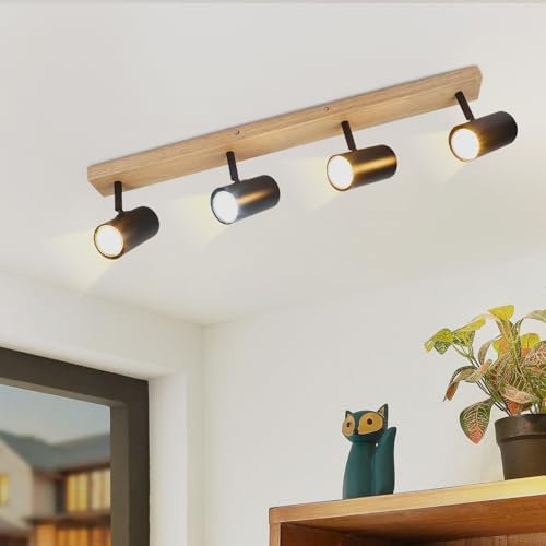 Glitzerlife Deckenstrahler 4 Flammig Holz Deckenlampe - Schwarz Deckenspots GU10 Flurlampe Schwenkbar 350°Vintage Deckenleuchte Flur für Wohnzimmer Schlafzimmer Esstisch Küche Kindzimmer MAX.25W