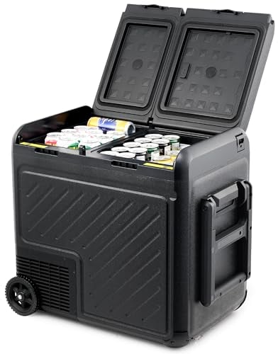 DARTMOOR Kühlbox Auto Camping Kompressor Kühlbox Elektrisch 12/24V 230V Auto Kühlschrank Zwei-Zonen-Temperaturregelung Reisekühlschrank -22℃~20℃ für Lkw Boot Reisemobil 55L mit 2 Rädern
